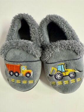 Carter's Gray Plush Slippers with Orange Dump Truck & Yellow Backhoe Embroidery